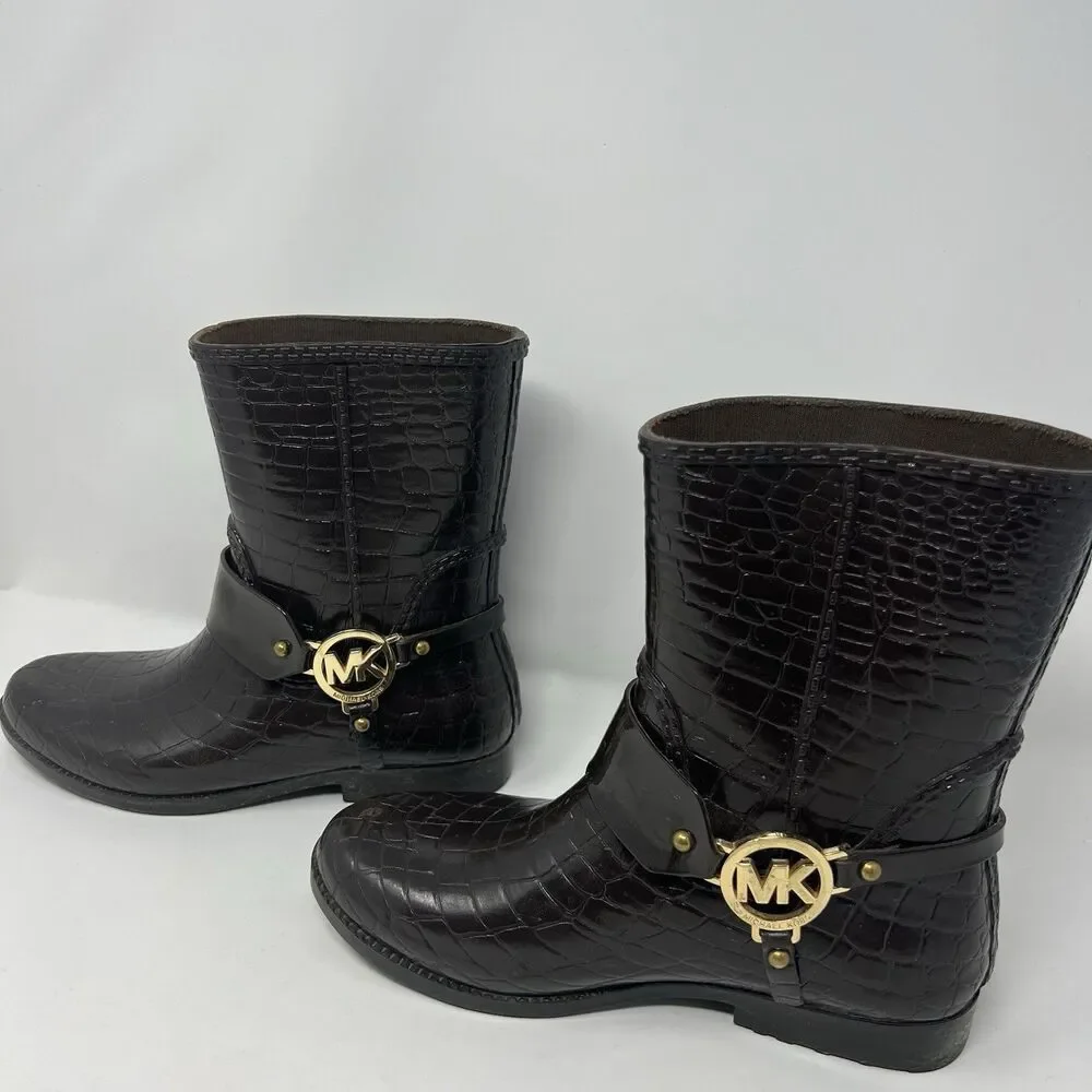 Michael Kors Rain Booties Dark Brown Croc Embossed Equestrian Rubber Rainboot S7